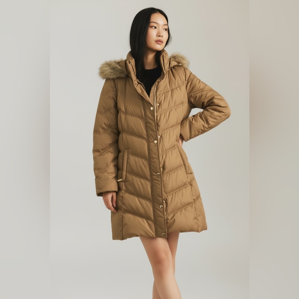 Michael Kors Quilted Fur Long Tan Jacket NWOT Size Small